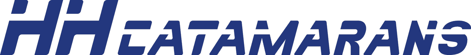 Logo displaying the text "HH CATAMARANS" in bold, stylized blue capital letters on a light background.