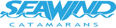 Seawind Catamarans logo in blue, featuring stylized text with wave graphics integrated into the design.
